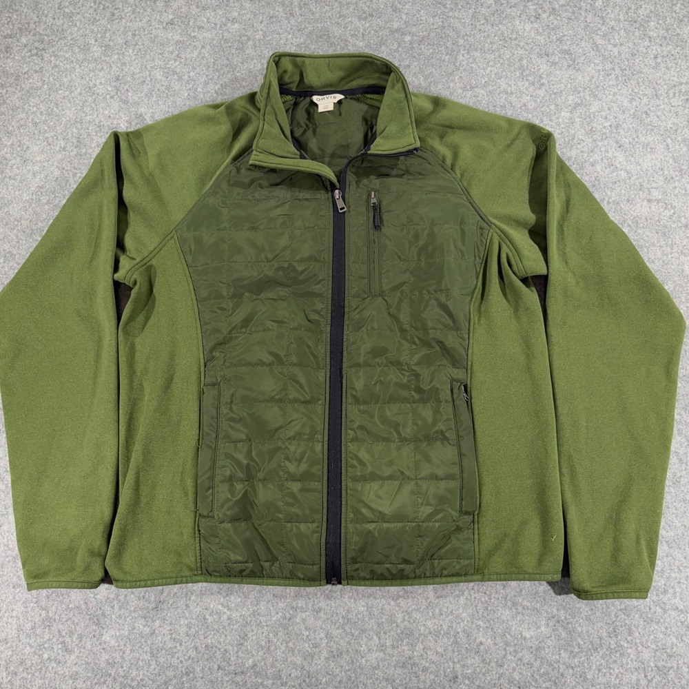 Orvis Mens Green Hybrid Quilted Fleece Full Zip Jacket Large Olive Outdoor Coat‎